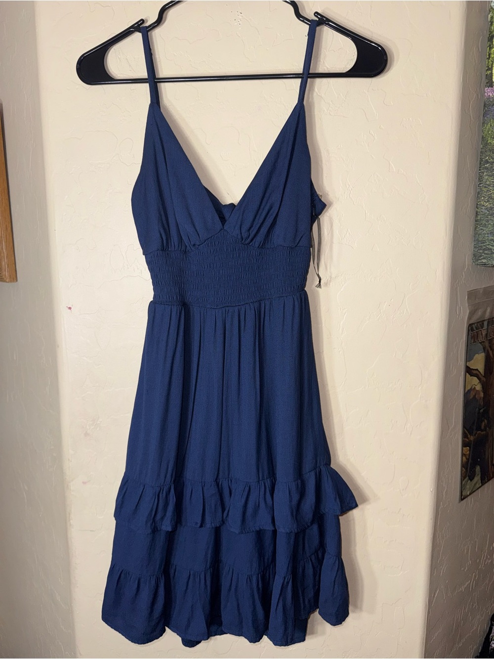 Iris Blue Smocked Waist Tie Back Ruffle Hem Flowy Spaghetti Strap Mini Dress S
